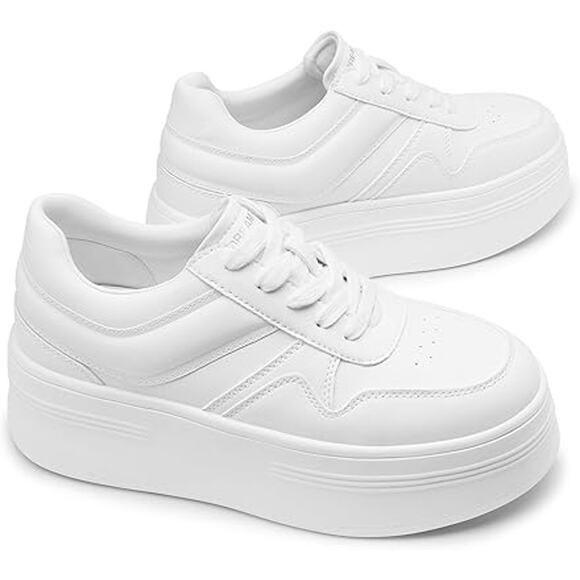 Dream Pair Womens Size 7.5 White Faux Leather Lace Up 2" Platform Sneaker Shoes - Picture 4 of 6